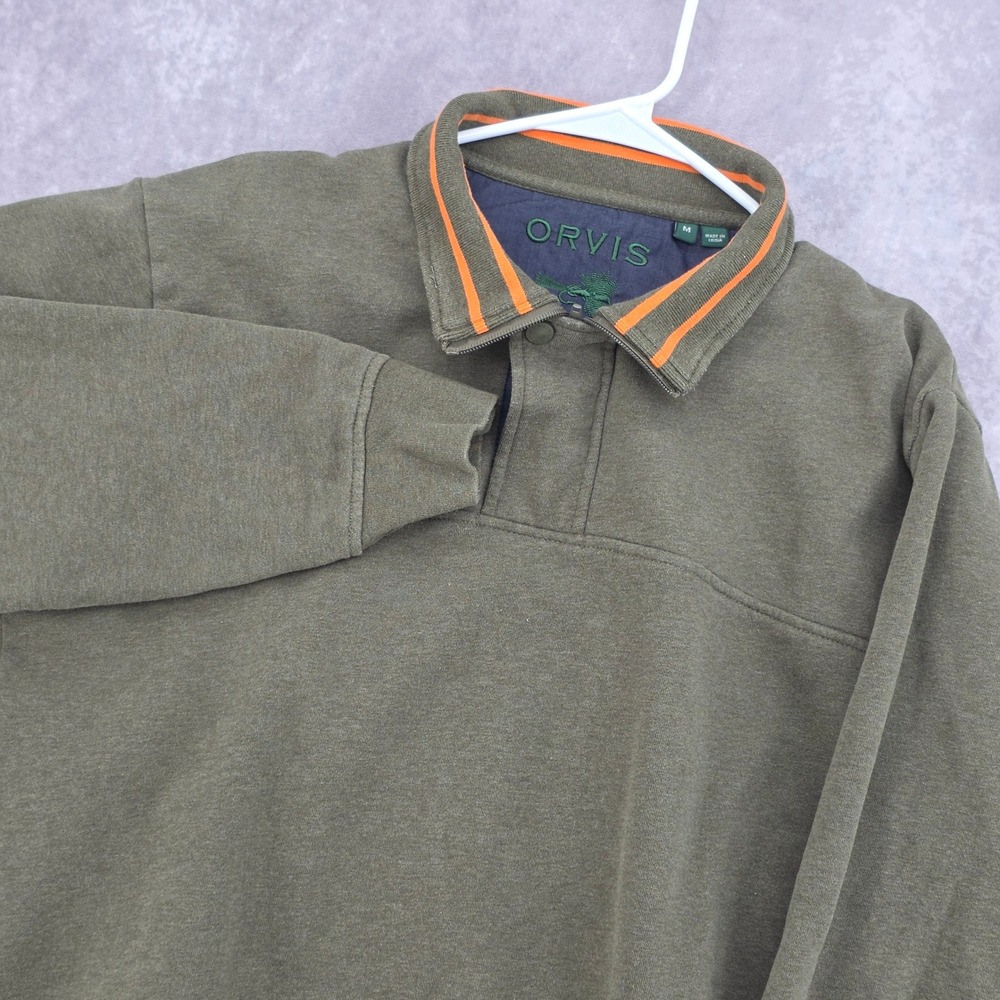 Orvis Mens Quarter Zip Sweatshirt Medium Olive Green Orange Trim Mock Neck Logo